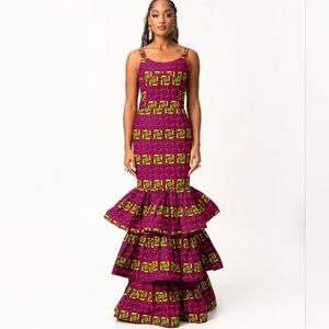 ÖFUURË Women's S Wunmi African Print Layered Mermaid Dress New